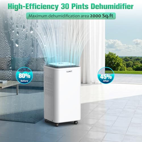 LUKO 2000 Sq. Ft Dehumidifiers for Large Room and Basements, 30 Pints Dehumidifier with Drain Hose, Auto or Manual Drainage, 0.528 Gallon Water Tank, Auto Defrost, Dry Clothes Function, 24H Timer - Image 3