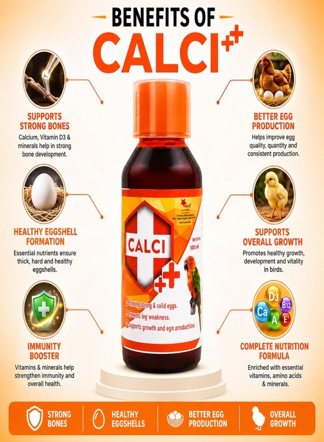 VAYINATO Calci++ (100ml) Liquid Calcium for Birds | Oral Calcium Formula with Calcium, Vitamin D3 & Phosphorus | Supports Egg Production, Strong Bones & Healthy Growth | Includes 15ml Measuring Cup - Image 2