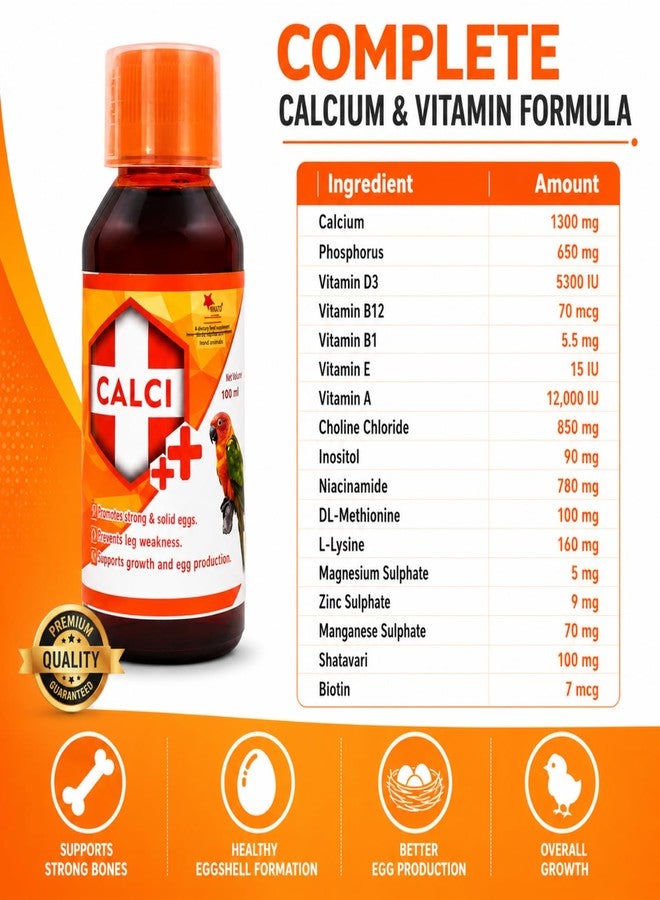VAYINATO Calci++ (100ml) Liquid Calcium for Birds | Oral Calcium Formula with Calcium, Vitamin D3 & Phosphorus | Supports Egg Production, Strong Bones & Healthy Growth | Includes 15ml Measuring Cup - Image 1