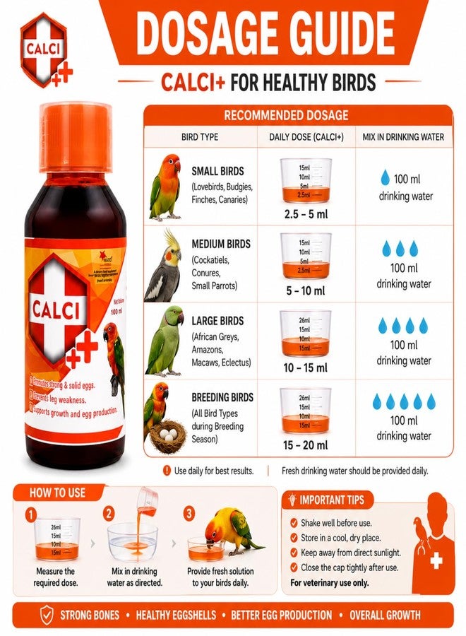 VAYINATO Calci++ (100ml) Liquid Calcium for Birds | Oral Calcium Formula with Calcium, Vitamin D3 & Phosphorus | Supports Egg Production, Strong Bones & Healthy Growth | Includes 15ml Measuring Cup - Image 5