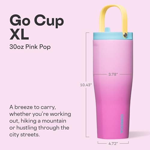 Corkcicle Go Cup XL LeakProof Travel Tumbler Triple Insulated Stainless Steel Water Bottle EasyCarry Handle Summer Drinkware Gift Keeps Drinks Ice Cold 30 oz Pink Pop - Image 3
