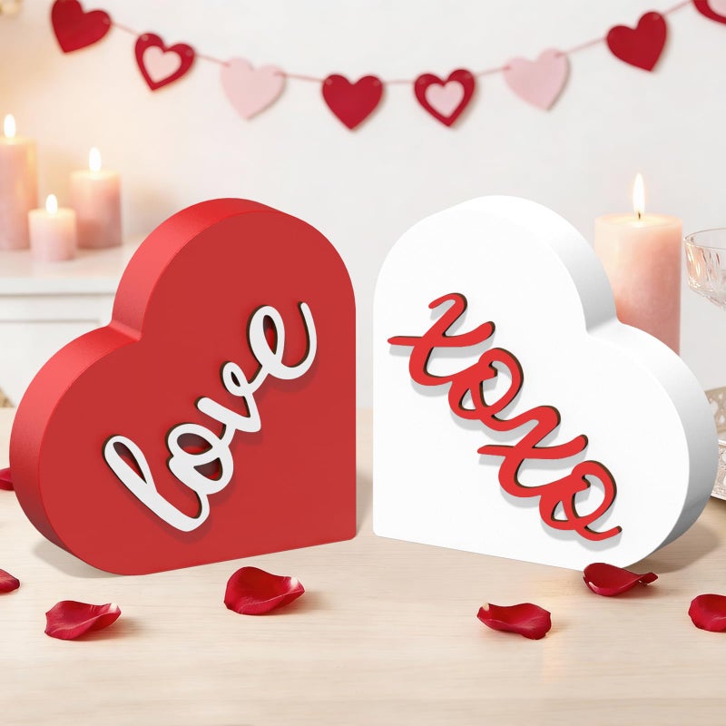 OLANRUN Valentines Day Decorations - 2 Pack Wooden 3D XOXO Love Heart Sign - 4.35 Inch Valentines Day Table Decor - Valentine Decorations for Home Office Bedroom Mantel Tiered Tray Shelf (Red White) - Image 1