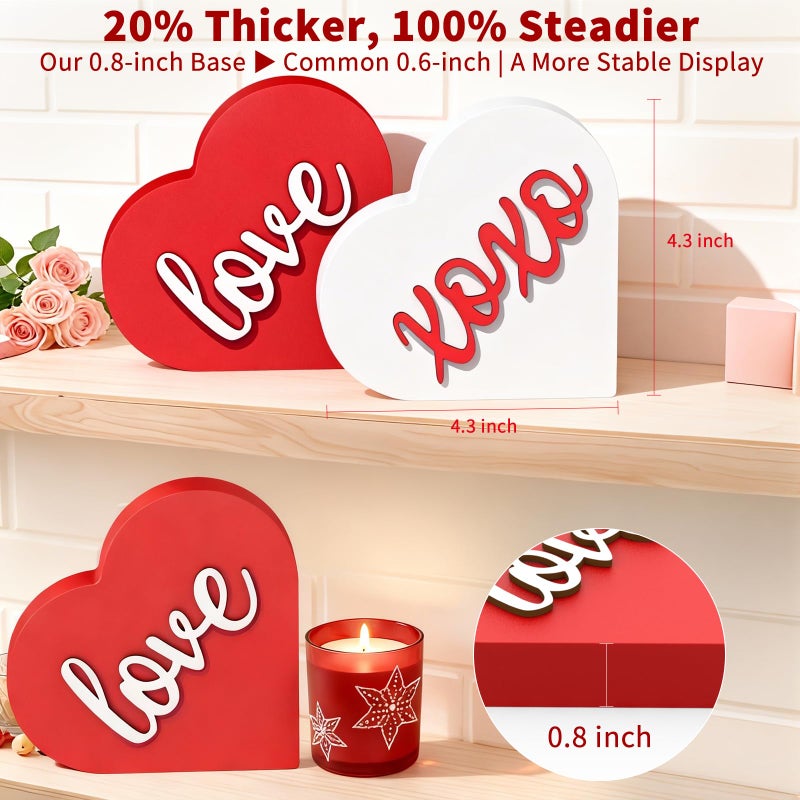 OLANRUN Valentines Day Decorations - 2 Pack Wooden 3D XOXO Love Heart Sign - 4.35 Inch Valentines Day Table Decor - Valentine Decorations for Home Office Bedroom Mantel Tiered Tray Shelf (Red White) - Image 4