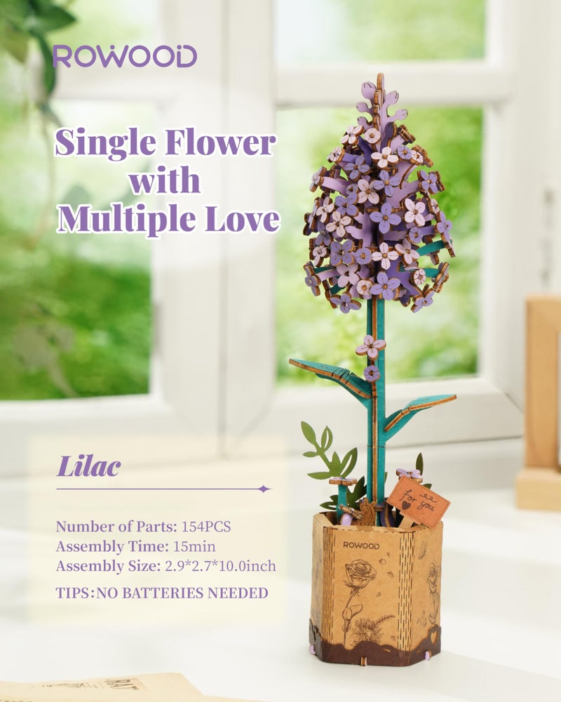 rowood 3D Puzzles for Adults,Wooden Artifical Flower Craft Kit,DIY Botanical Collection Building Toy Set,Mother's Day/Valentine's Day/Thanksgiving Day/Christmas/Birthday Gift -Lilac - Image 3