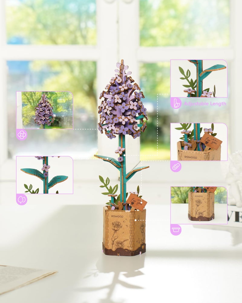 rowood 3D Puzzles for Adults,Wooden Artifical Flower Craft Kit,DIY Botanical Collection Building Toy Set,Mother's Day/Valentine's Day/Thanksgiving Day/Christmas/Birthday Gift -Lilac - Image 4