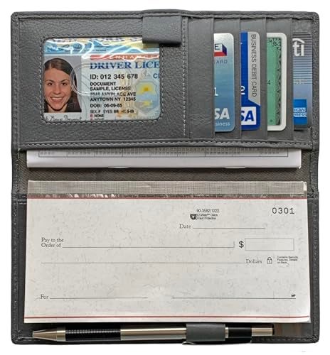 123 Cheap Checks Grey RFID Leather Checkbook Cover With Credit Card Slots and Pen Holder - Image 3