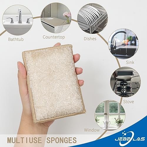 JEBBLAS Bamboo Natural Absorbent Sponges Kitchen Cleaning Sponges Reusable Dish Washing Sponges Beige (8 Pack) - Image 2