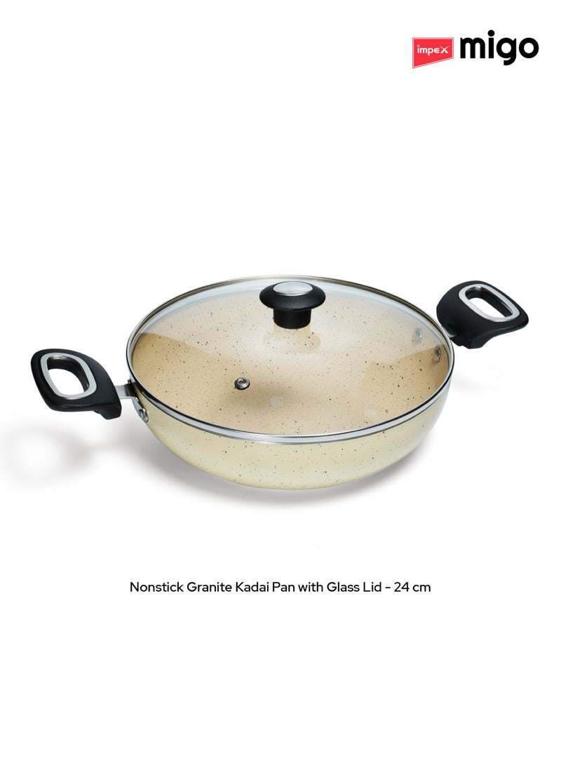 Impex Migo Non Stick Cookware Set | 4 Pcs Induction Bottom Cookware Set 3 mm Thick, Festival Gift Set, 5-Layer Super Granite Non-Stick Coated Cookware Set, Two Sides Spatter Design,Kadai pan 24cm, Tawa Pan 24cm, Fry Pan 24cm & 1 Glass Lid 24cm | 1 Year Warranty - FKT Beige  - Image 5