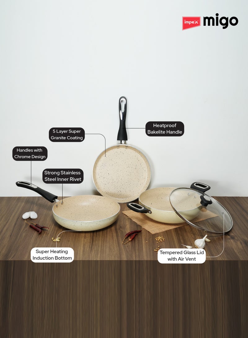 Impex Migo Non Stick Cookware Set | 4 Pcs Induction Bottom Cookware Set 3 mm Thick, Festival Gift Set, 5-Layer Super Granite Non-Stick Coated Cookware Set, Two Sides Spatter Design,Kadai pan 24cm, Tawa Pan 24cm, Fry Pan 24cm & 1 Glass Lid 24cm | 1 Year Warranty - FKT Beige  - Image 4