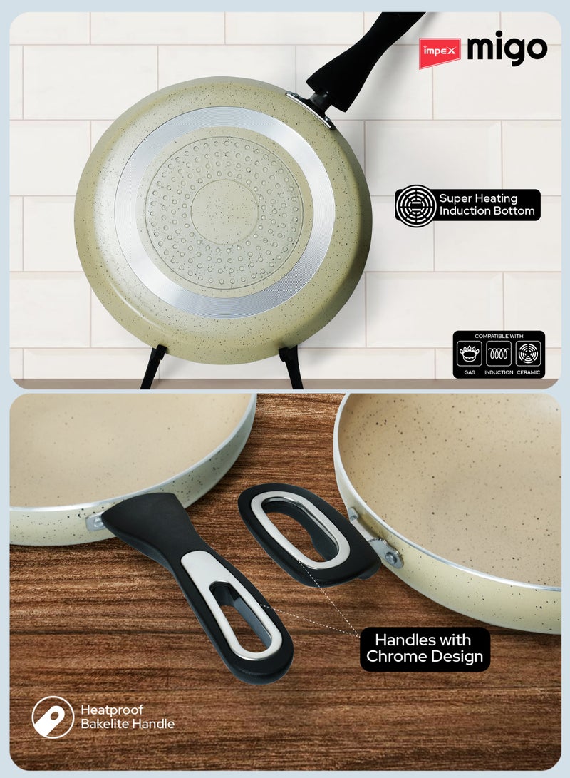 Impex Migo Non Stick Cookware Set | 4 Pcs Induction Bottom Cookware Set 3 mm Thick, Festival Gift Set, 5-Layer Super Granite Non-Stick Coated Cookware Set, Two Sides Spatter Design,Kadai pan 24cm, Tawa Pan 24cm, Fry Pan 24cm & 1 Glass Lid 24cm | 1 Year Warranty - FKT Beige  - Image 3