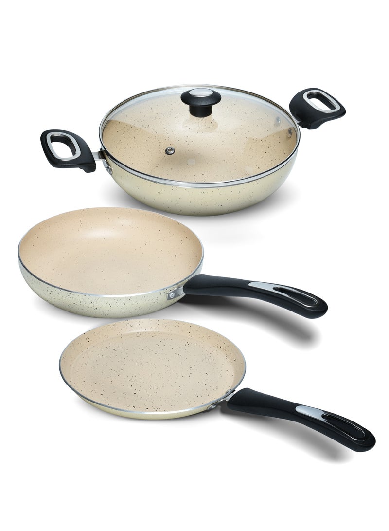 Impex Migo Non Stick Cookware Set | 4 Pcs Induction Bottom Cookware Set 3 mm Thick, Festival Gift Set, 5-Layer Super Granite Non-Stick Coated Cookware Set, Two Sides Spatter Design,Kadai pan 24cm, Tawa Pan 24cm, Fry Pan 24cm & 1 Glass Lid 24cm | 1 Year Warranty - FKT Beige  - Image 1