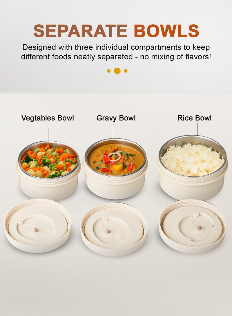 BAYBEE Stainless Steel Insulated Lunchbox for Adults – 600ml + 2×400ml Leakproof Thermos Bento Set with Double-Wall Heat-Resistant Containers – Ideal for Office Use (Beige) - Image 3