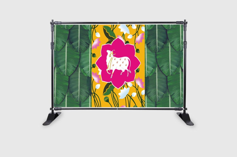 Backdropon Cow with Lotus Flower and Banana Leaf Background Design Backdrop Cloth for Pooja Decoration Traditional Curtain Cloth for Festival Fabric-Polyester Size 5Feet Height & 8Feet Width(5 * 8) - Image 2