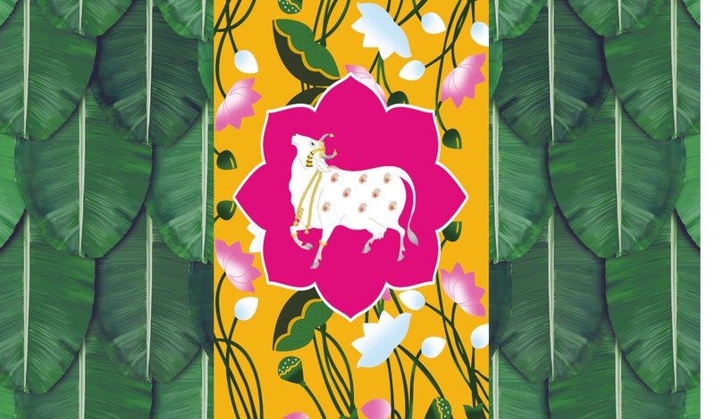 Backdropon Cow with Lotus Flower and Banana Leaf Background Design Backdrop Cloth for Pooja Decoration Traditional Curtain Cloth for Festival Fabric-Polyester Size 5Feet Height & 8Feet Width(5 * 8) - Image 5
