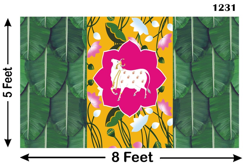 Backdropon Cow with Lotus Flower and Banana Leaf Background Design Backdrop Cloth for Pooja Decoration Traditional Curtain Cloth for Festival Fabric-Polyester Size 5Feet Height & 8Feet Width(5 * 8) - Image 3