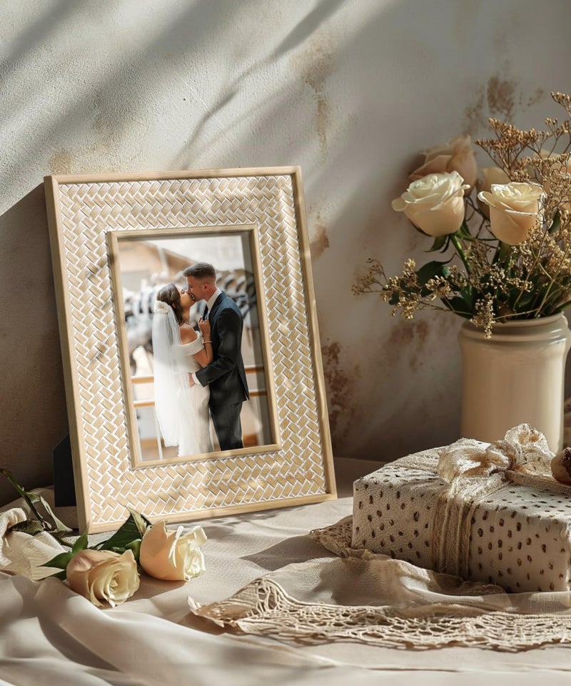 Afuly 5x7 Picture Frame Natural Boho Picture Frames Beige Chic Bohemian Photo Frame Desk Picture Frames for Wall Hangings Home Decor, Wedding Gifts for Couple Grandma Mom Women - Image 2