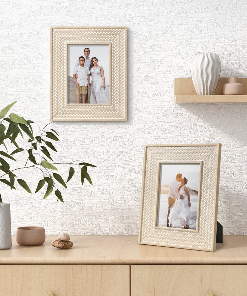Afuly 5x7 Picture Frame Natural Boho Picture Frames Beige Chic Bohemian Photo Frame Desk Picture Frames for Wall Hangings Home Decor, Wedding Gifts for Couple Grandma Mom Women - Image 5