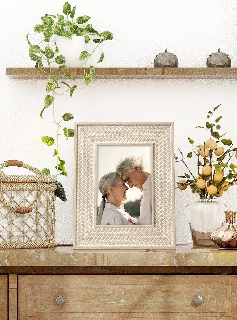 Afuly 5x7 Picture Frame Natural Boho Picture Frames Beige Chic Bohemian Photo Frame Desk Picture Frames for Wall Hangings Home Decor, Wedding Gifts for Couple Grandma Mom Women - Image 4