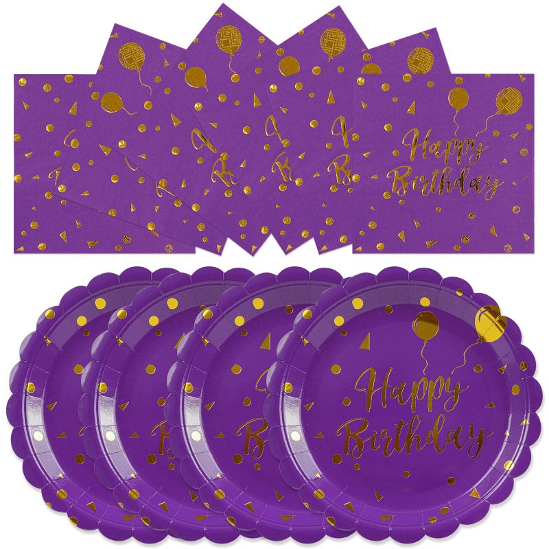 HFBOBP 50PCS Purple and Gold Happy Birthday Paper Plates and Napkins Party Decorations- 7 Inch Scalloped Dessert Plates and 6.5 Inch Napkins Disposable Tableware Set Birthday Party Supplies , Serves 25 - Image 1