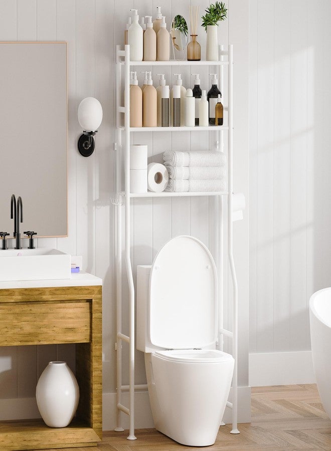 GloTika 3-Tier Over The Toilet Storage, Space Saver Metal Bathroom Shelves, Freestanding Above Over Toilet Storage Shelf with 4 Hooks for Bathroom, White - Image 1