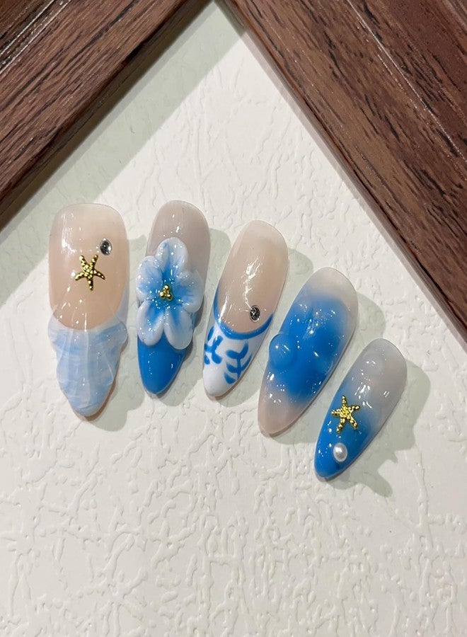 ASABITE 10Pcs Blue Handmade Press on nails Almond Medium Fake Nails with Flower Starfish Design French Tip False Nails Acrylic Nails Press ons Summer Beach Nail Glossy Full Cover Stick on Nails for Women (S) - Image 3