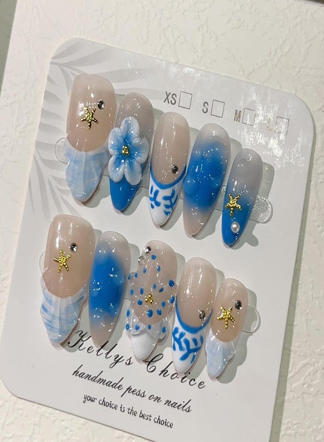 ASABITE 10Pcs Blue Handmade Press on nails Almond Medium Fake Nails with Flower Starfish Design French Tip False Nails Acrylic Nails Press ons Summer Beach Nail Glossy Full Cover Stick on Nails for Women (S) - Image 2