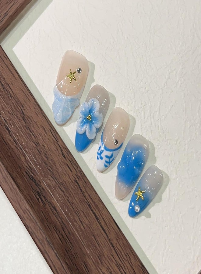ASABITE 10Pcs Blue Handmade Press on nails Almond Medium Fake Nails with Flower Starfish Design French Tip False Nails Acrylic Nails Press ons Summer Beach Nail Glossy Full Cover Stick on Nails for Women (S) - Image 4