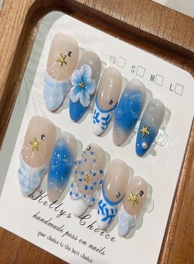 ASABITE 10Pcs Blue Handmade Press on nails Almond Medium Fake Nails with Flower Starfish Design French Tip False Nails Acrylic Nails Press ons Summer Beach Nail Glossy Full Cover Stick on Nails for Women (S) - Image 1