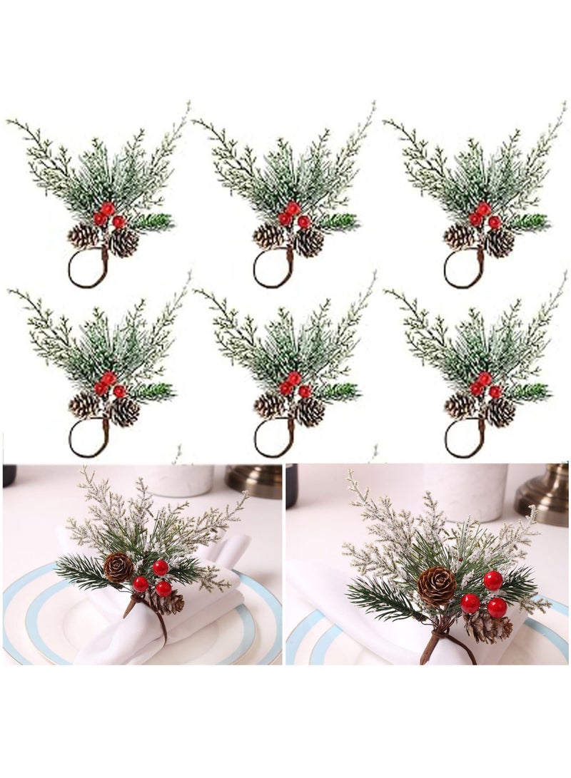 6 Pieces Napkin Rings Pine Red Berry Napkin Rings Table Decorations for Weddings Banquets Birthdays Holiday Table Decorations Christmas - Image 1
