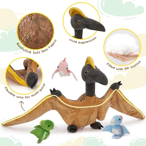 MaoGoLan 4 Pcs Pterodactyl Stuffed Animal with 3 Babies Inside Belly 37 inch Pterodactyl Plush for Kids Giant Dinosaur Toy Dino Squad Party Favors Decorations Christmas - Image 5