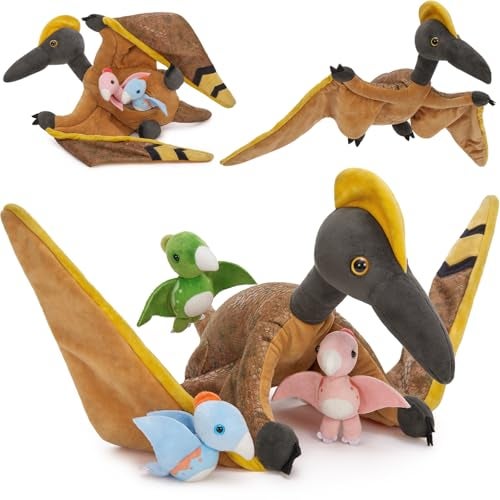 MaoGoLan 4 Pcs Pterodactyl Stuffed Animal with 3 Babies Inside Belly 37 inch Pterodactyl Plush for Kids Giant Dinosaur Toy Dino Squad Party Favors Decorations Christmas - Image 1