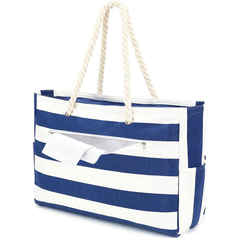 Fammart Large Canvas Beach Bag for Women, Beach Bags Waterproof Sandproof with Zipper & Wet Bag Cruise Essentials, Canvas,Large - Dark Blue - Image 1