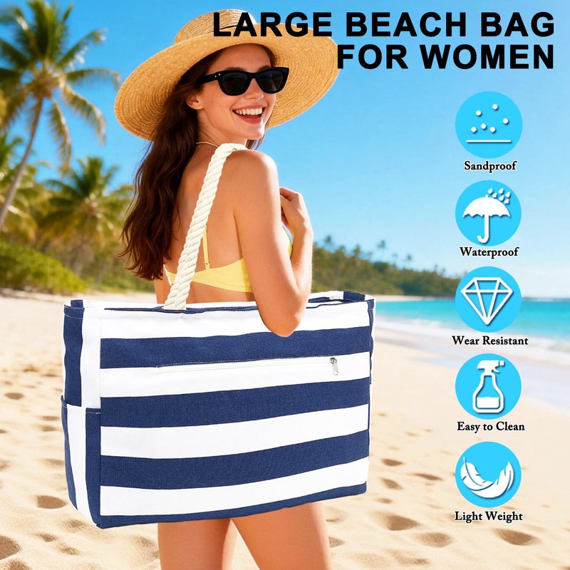 Fammart Large Canvas Beach Bag for Women, Beach Bags Waterproof Sandproof with Zipper & Wet Bag Cruise Essentials, Canvas,Large - Dark Blue - Image 2