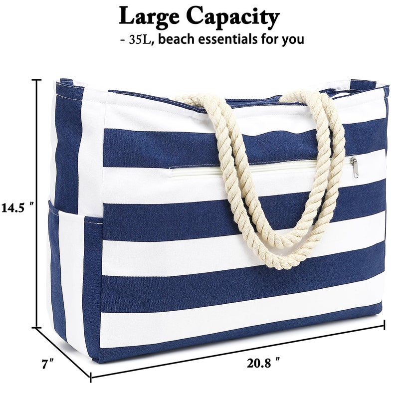 Fammart Large Canvas Beach Bag for Women, Beach Bags Waterproof Sandproof with Zipper & Wet Bag Cruise Essentials, Canvas,Large - Dark Blue - Image 5