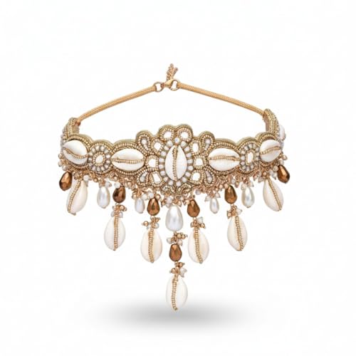 SANJOYA Traditional Cowrie Shell & Pearl Bridal Choker Necklace for Haldi | Gold-Tone Kundan Beaded Indian Ethnic Choker with Crystal & Shell Drops | Mehndi Sangeet Wedding Jewellery for Women & Girls - Image 1