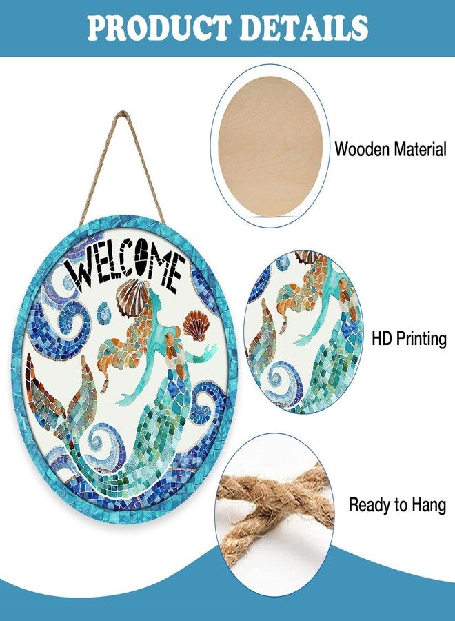 Bolisom Beach Coastal Mermaid Welcome Front Door Sign, Nautical Ocean Mosaic Art Wood Plaque Hanger Outdoor Outside Porch Home Decor, Summer Sea Wave Shell Wooden Wreath Indoor Wall Hanging Decoration - Image 3
