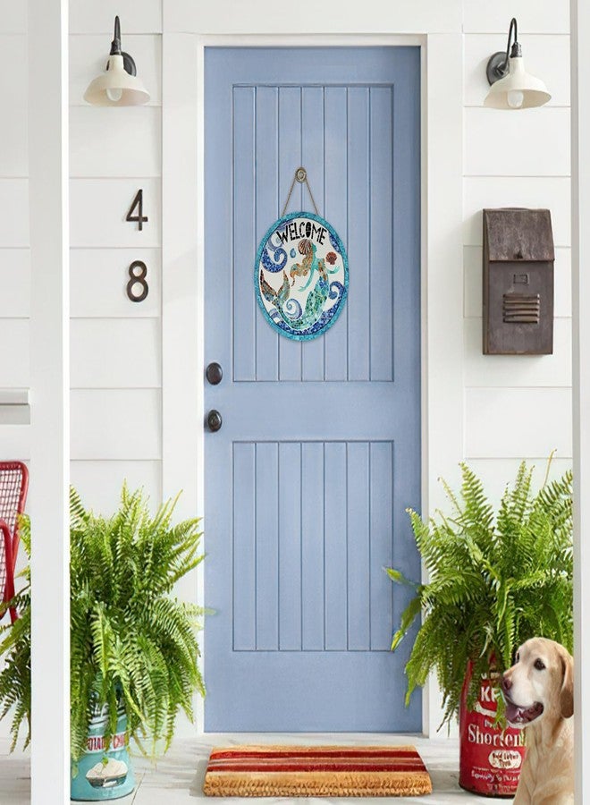Bolisom Beach Coastal Mermaid Welcome Front Door Sign, Nautical Ocean Mosaic Art Wood Plaque Hanger Outdoor Outside Porch Home Decor, Summer Sea Wave Shell Wooden Wreath Indoor Wall Hanging Decoration - Image 4