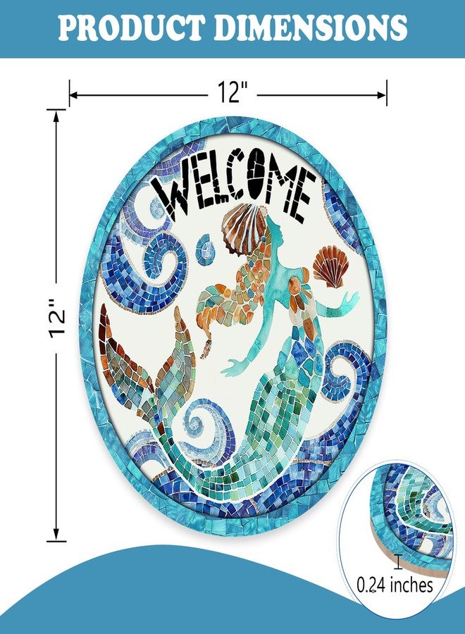 Bolisom Beach Coastal Mermaid Welcome Front Door Sign, Nautical Ocean Mosaic Art Wood Plaque Hanger Outdoor Outside Porch Home Decor, Summer Sea Wave Shell Wooden Wreath Indoor Wall Hanging Decoration - Image 2