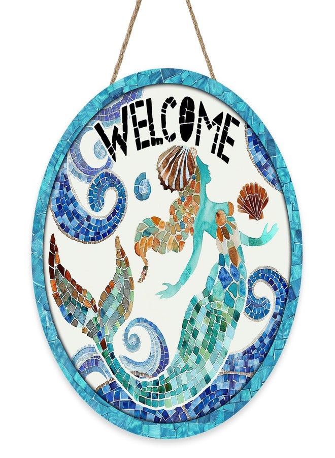 Bolisom Beach Coastal Mermaid Welcome Front Door Sign, Nautical Ocean Mosaic Art Wood Plaque Hanger Outdoor Outside Porch Home Decor, Summer Sea Wave Shell Wooden Wreath Indoor Wall Hanging Decoration - Image 1