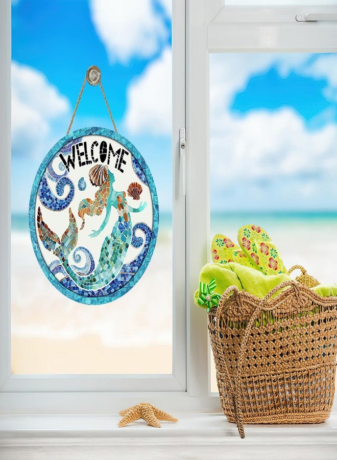 Bolisom Beach Coastal Mermaid Welcome Front Door Sign, Nautical Ocean Mosaic Art Wood Plaque Hanger Outdoor Outside Porch Home Decor, Summer Sea Wave Shell Wooden Wreath Indoor Wall Hanging Decoration - Image 5