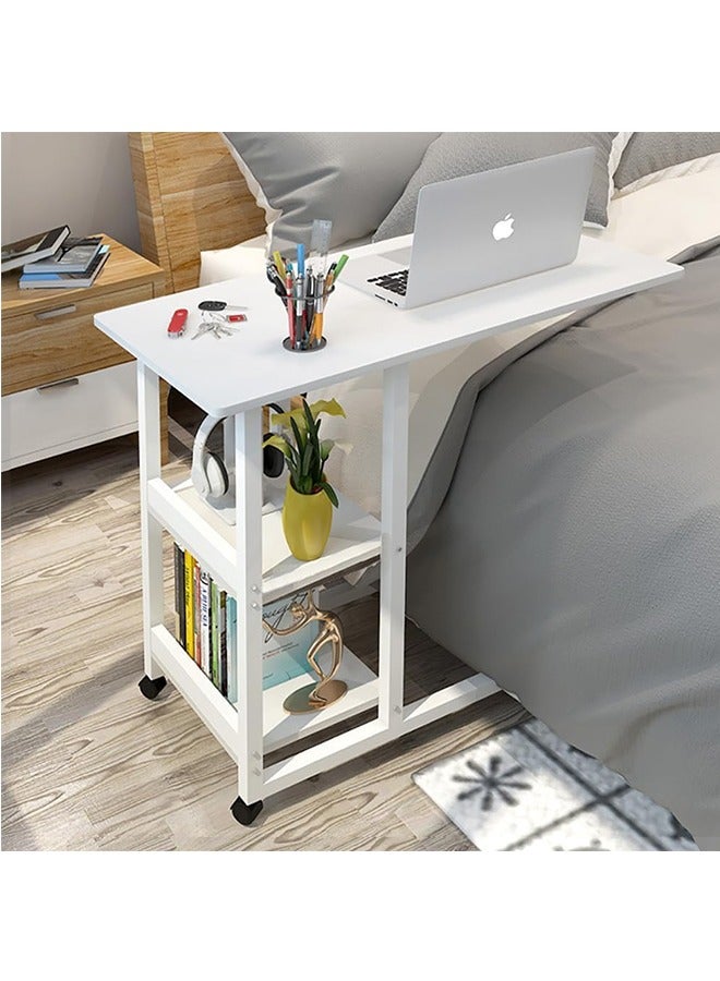 JCB CHIC Rolling Laptop Desk Sofa Side Table C Shape Bedside Table Multifunctional End Table with Storage Slelves for Small Spaces, Living Room, Bedroom, A30 (White) - Image 1