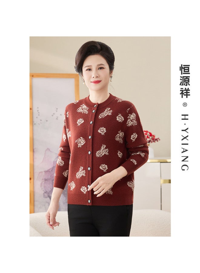 Hengyuanxiang Chinese Style [Pure Wool] Four-Ply Thickening Mother Wool Cardigan 60 Years Old Middle-Aged And Elderly Knitted Coat Happy Mother-In-Law - Image 5