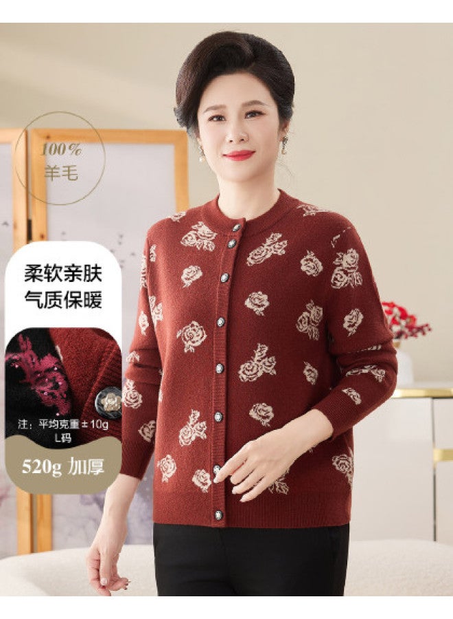 Hengyuanxiang Chinese Style [Pure Wool] Four-Ply Thickening Mother Wool Cardigan 60 Years Old Middle-Aged And Elderly Knitted Coat Happy Mother-In-Law - Image 1