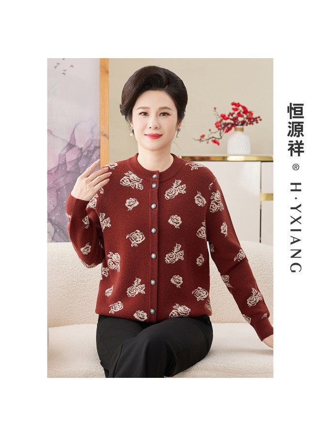 Hengyuanxiang Chinese Style [Pure Wool] Four-Ply Thickening Mother Wool Cardigan 60 Years Old Middle-Aged And Elderly Knitted Coat Happy Mother-In-Law - Image 3