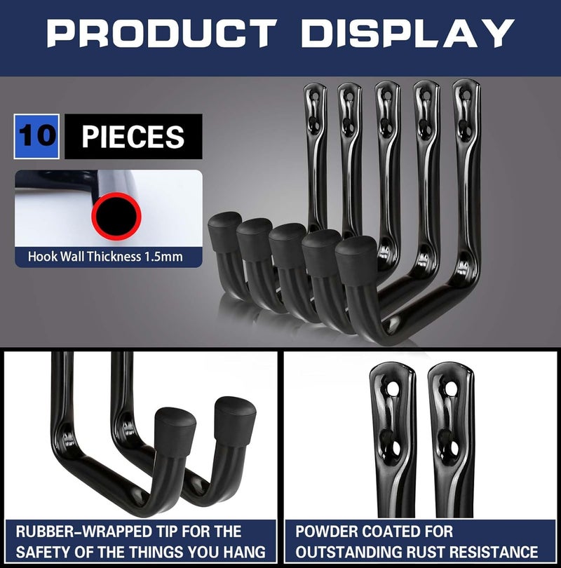 Dreecy 10 Pack Garage Storage J Utility Hooks, Heavy Duty J Utility Hooks Hangers for Garage Wall Hanging Garden Tools, Ladder, Bike, Hose, Black - Image 4