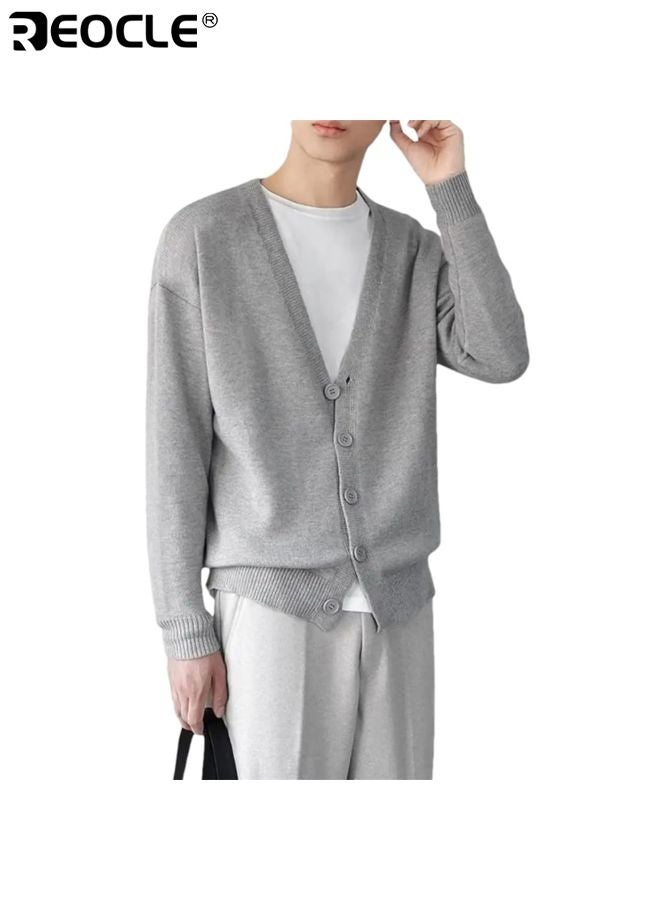 REOCLE Men's Long Sleeve Cardigan with V-Neck Button Design Lightweight Knit Sweater with Casual Comfort for Outdoor Layering - Image 2