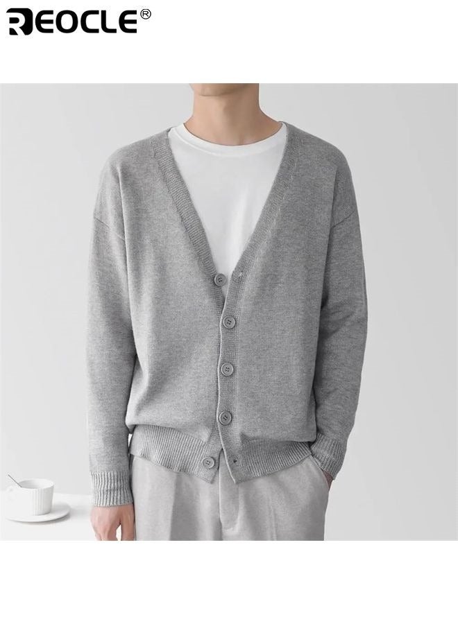 REOCLE Men's Long Sleeve Cardigan with V-Neck Button Design Lightweight Knit Sweater with Casual Comfort for Outdoor Layering - Image 1