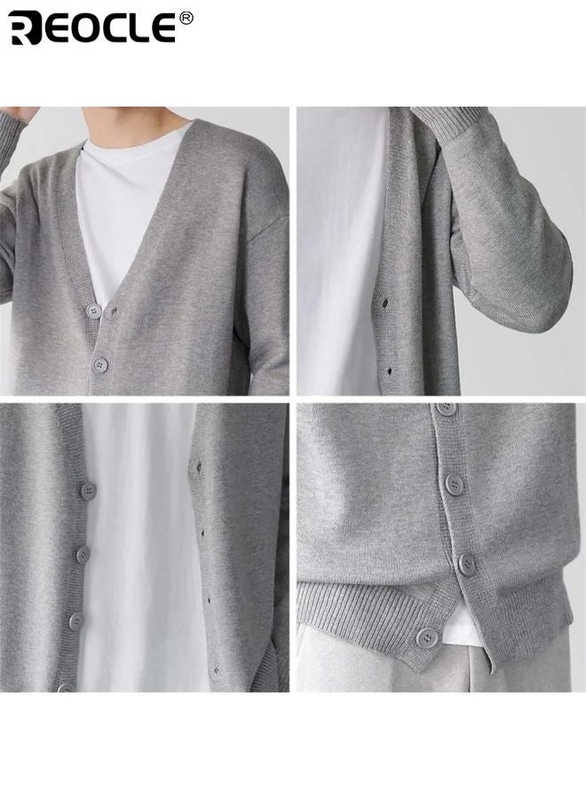 REOCLE Men's Long Sleeve Cardigan with V-Neck Button Design Lightweight Knit Sweater with Casual Comfort for Outdoor Layering - Image 5