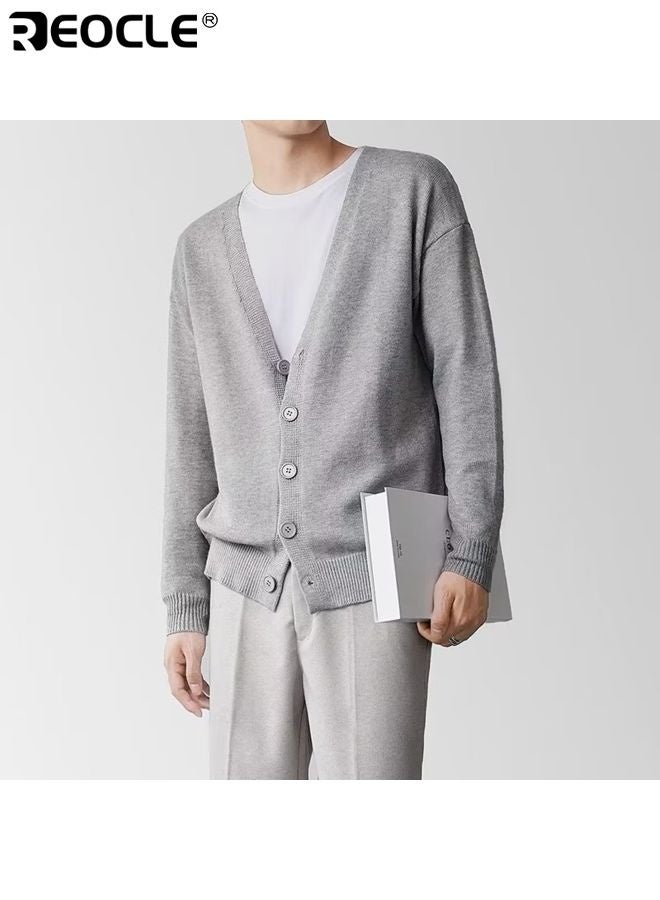 REOCLE Men's Long Sleeve Cardigan with V-Neck Button Design Lightweight Knit Sweater with Casual Comfort for Outdoor Layering - Image 3