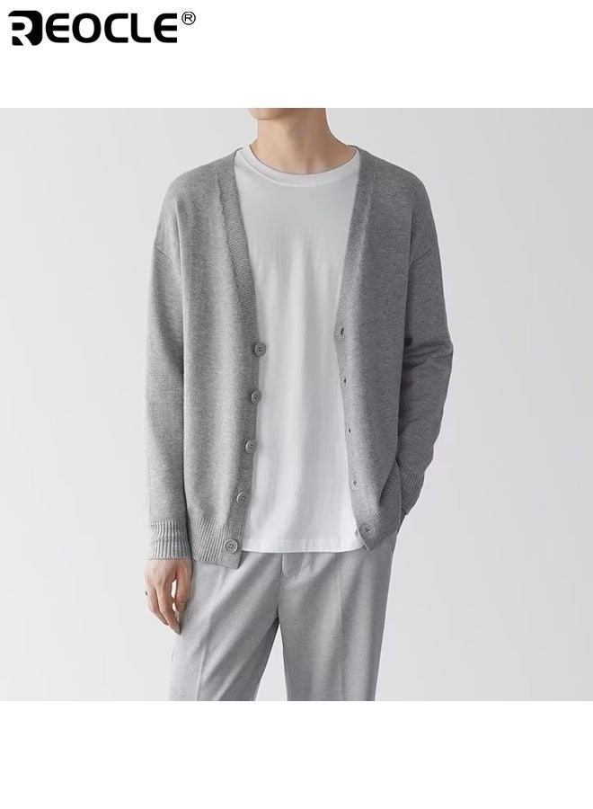 REOCLE Men's Long Sleeve Cardigan with V-Neck Button Design Lightweight Knit Sweater with Casual Comfort for Outdoor Layering - Image 4